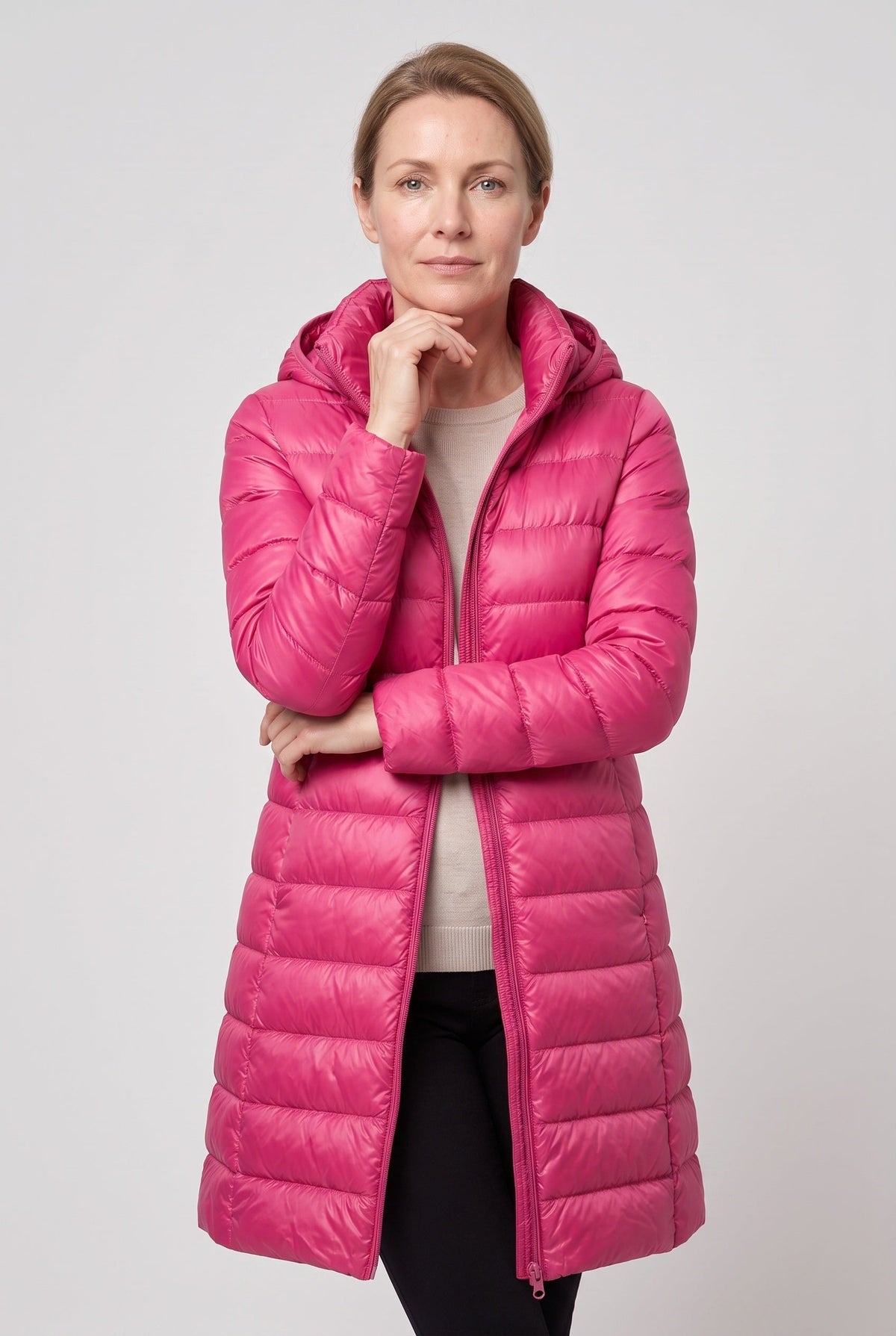 Women's Puffer Jacket | Longline Hooded Zip Front - 16