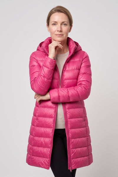 Women's Puffer Jacket | Longline Hooded Zip Front - 16