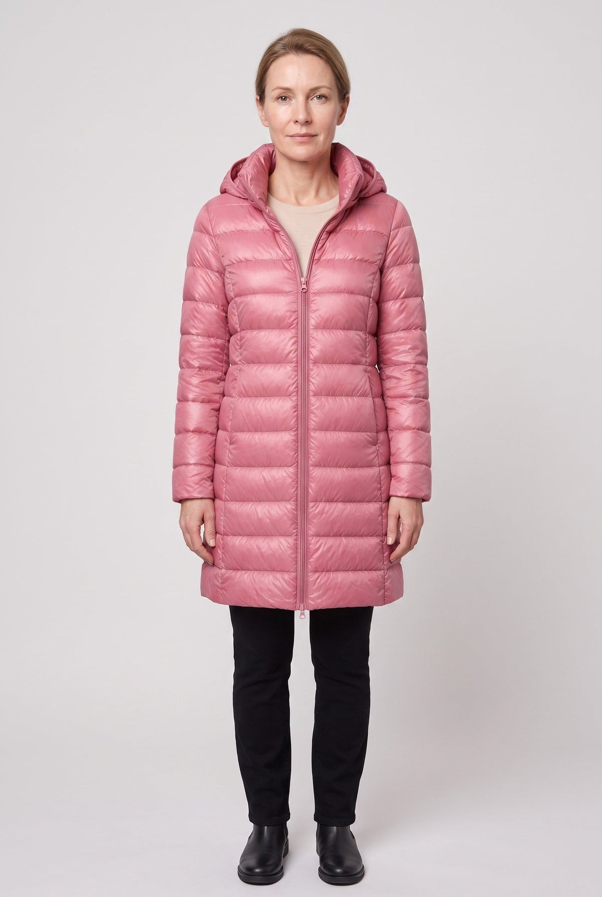 Women's Puffer Jacket | Longline Hooded Zip Front - 3