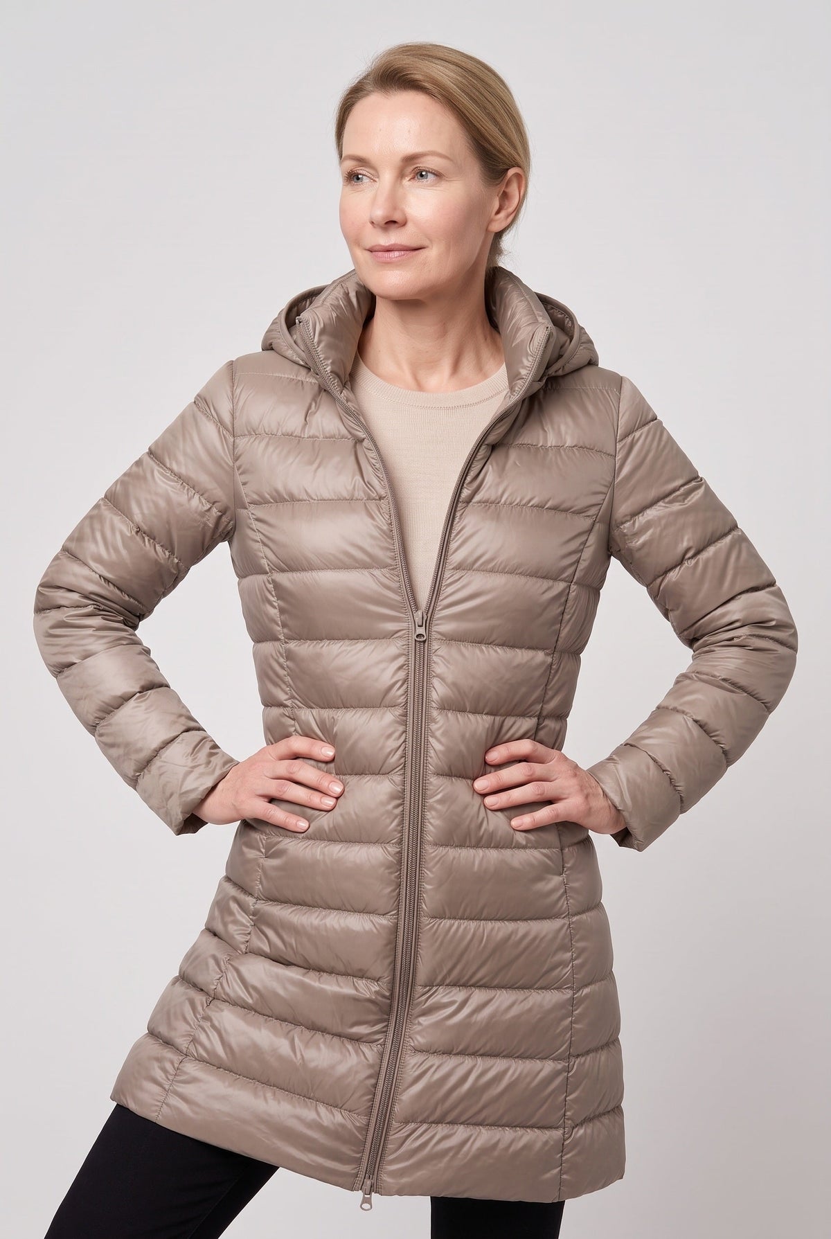 Women's Puffer Jacket | Longline Hooded Zip Front - 6