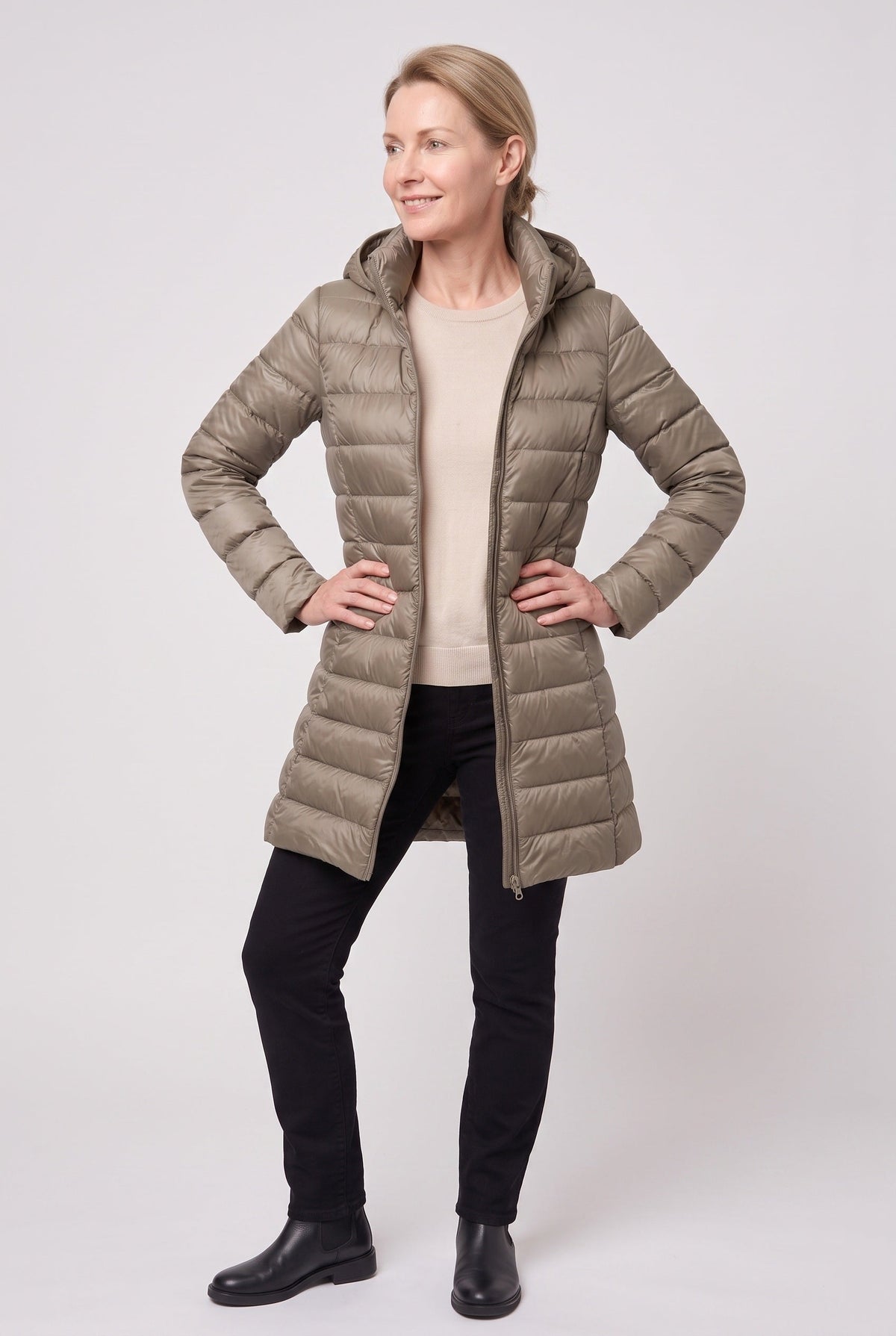 Women's Puffer Jacket | Longline Hooded Zip Front - 8