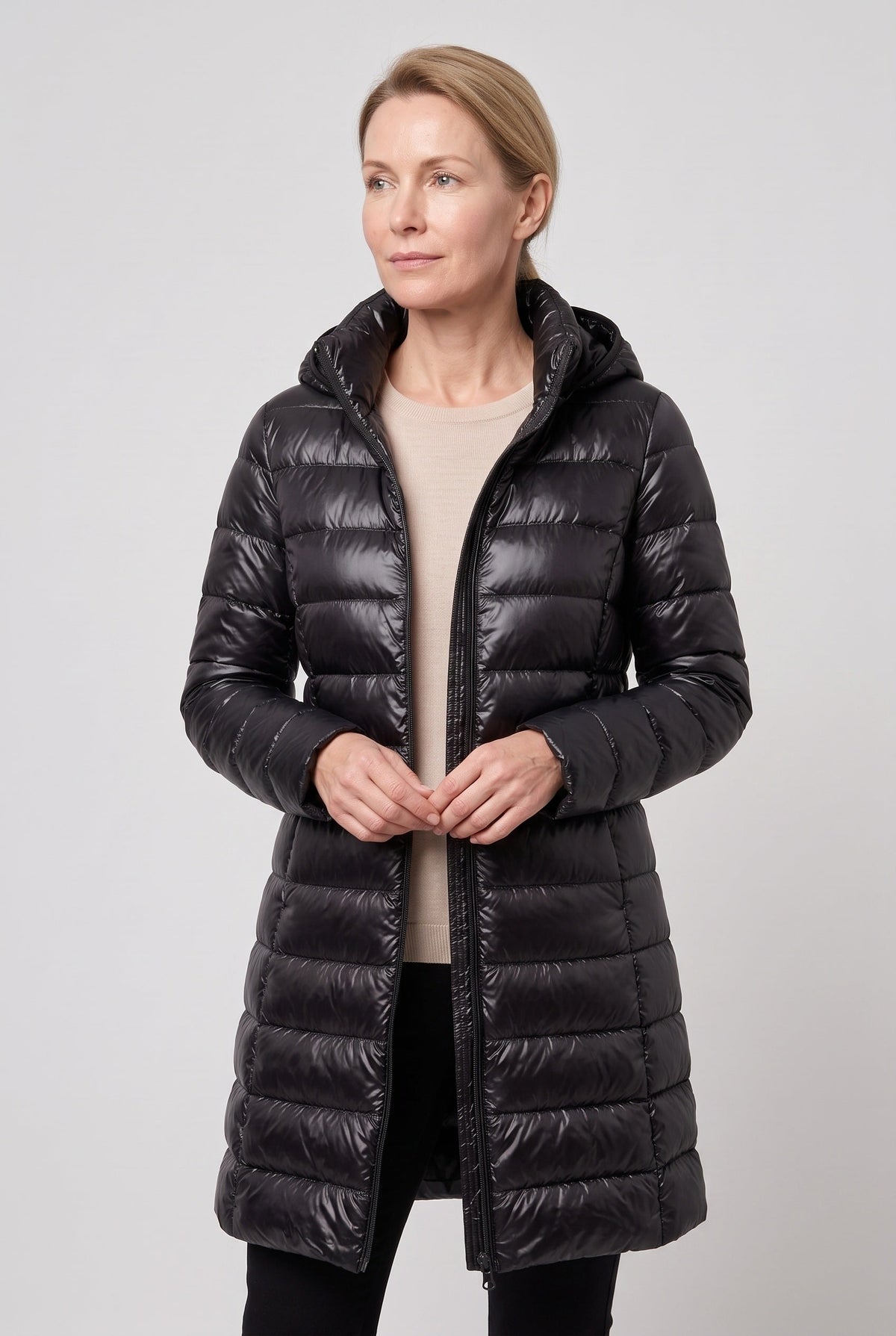Women's Puffer Jacket | Longline Hooded Zip Front - 9