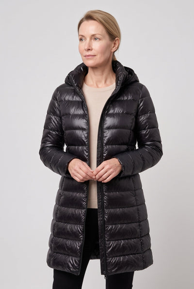 Women's Puffer Jacket | Longline Hooded Zip Front - 9