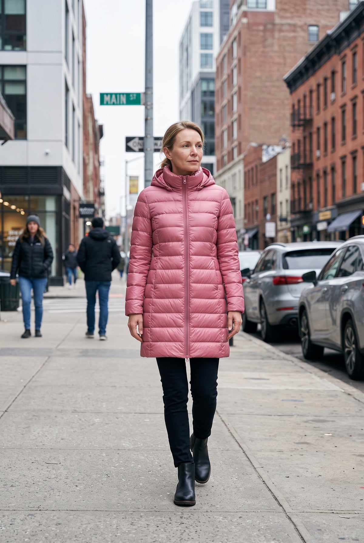 Women's Puffer Jacket | Longline Hooded Zip Front - Pink lifestyle