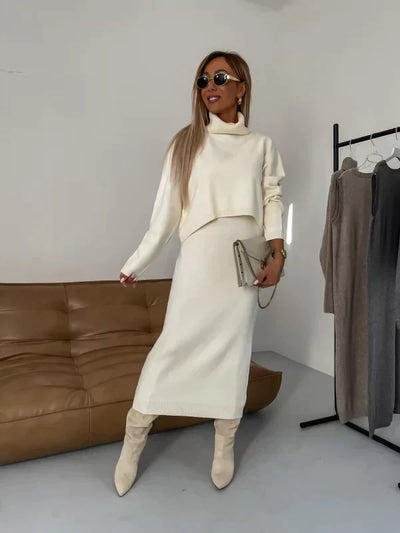 Women's Sweater Dress Set | Knit Turtleneck Jumper & Midi Dress - 7