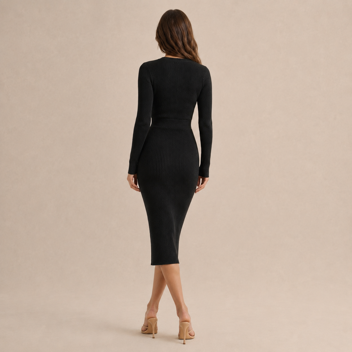 Women's Sweater Dress | Wrap V-Neck Ribbed Knit Button Trim Midi - 3