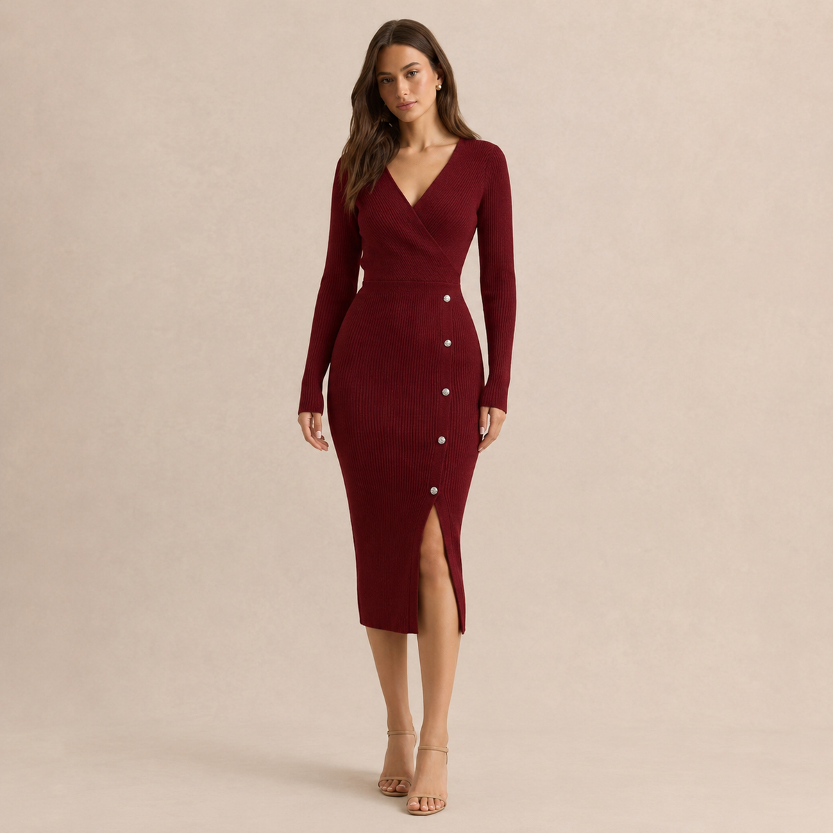 Women's Sweater Dress | Wrap V-Neck Ribbed Knit Button Trim Midi - 5