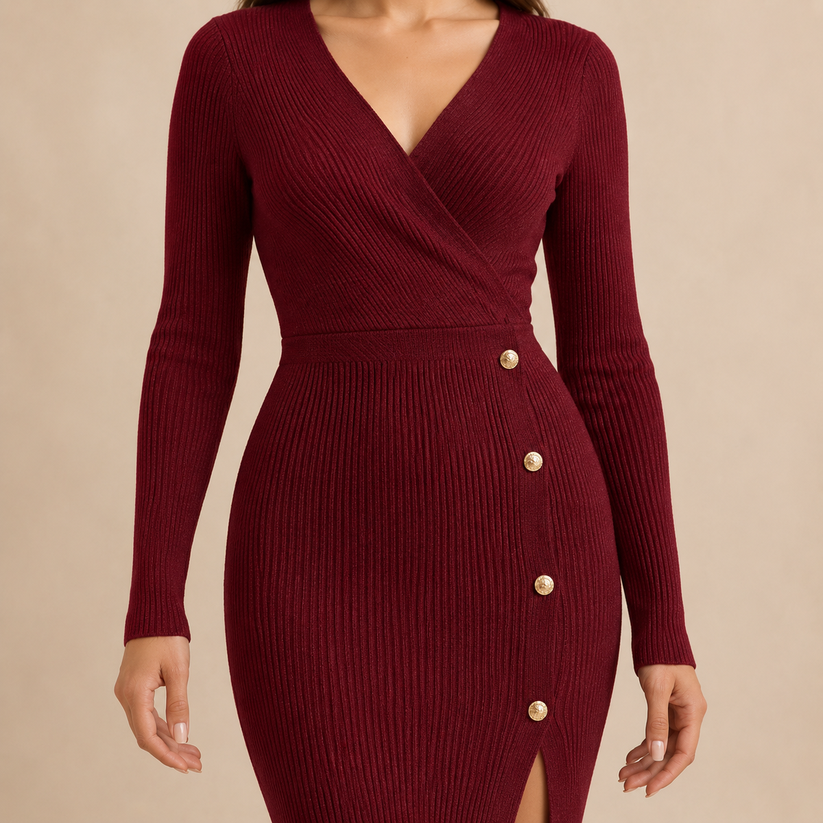 Women's Sweater Dress | Wrap V-Neck Ribbed Knit Button Trim Midi - 6