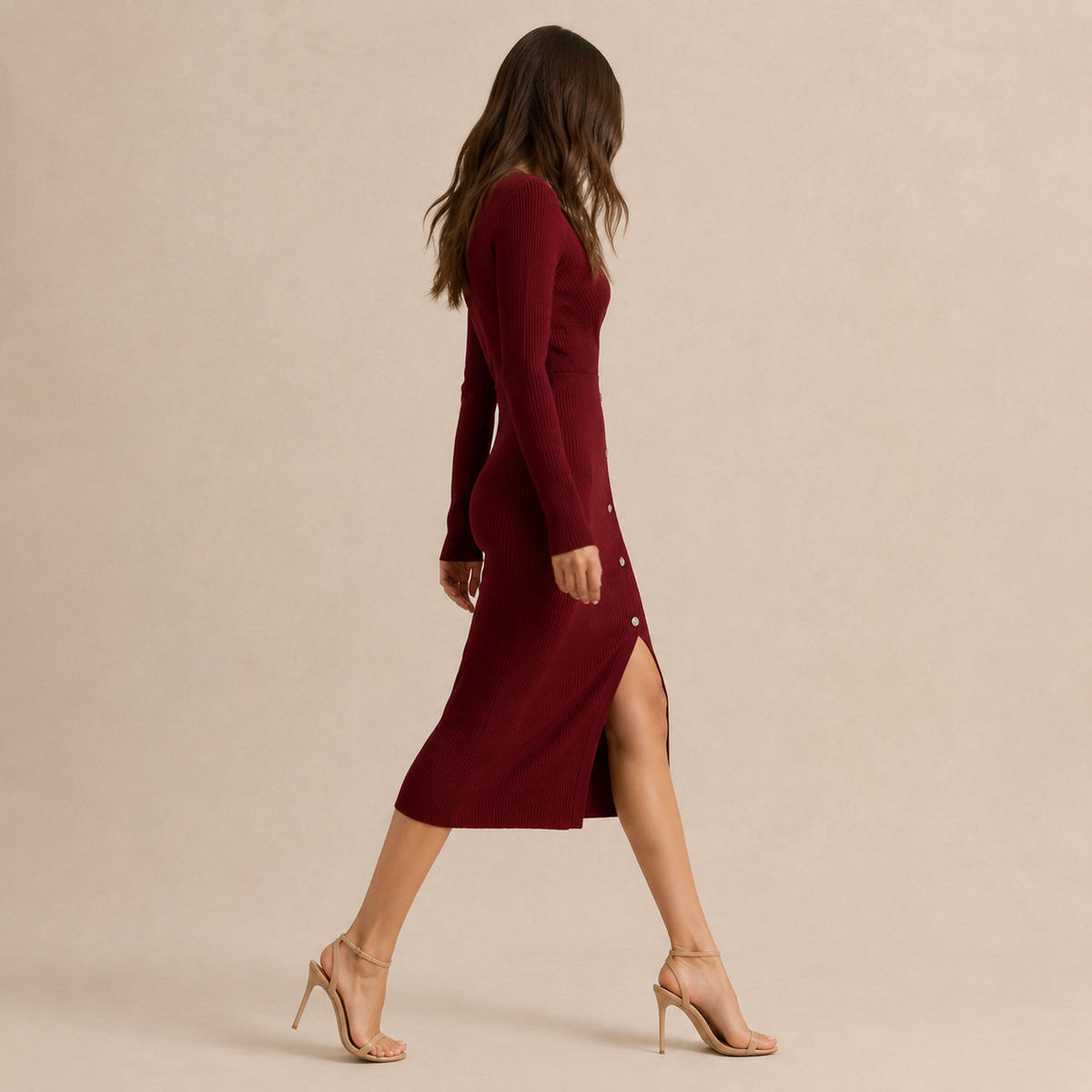 Women's Sweater Dress | Wrap V-Neck Ribbed Knit Button Trim Midi - 8