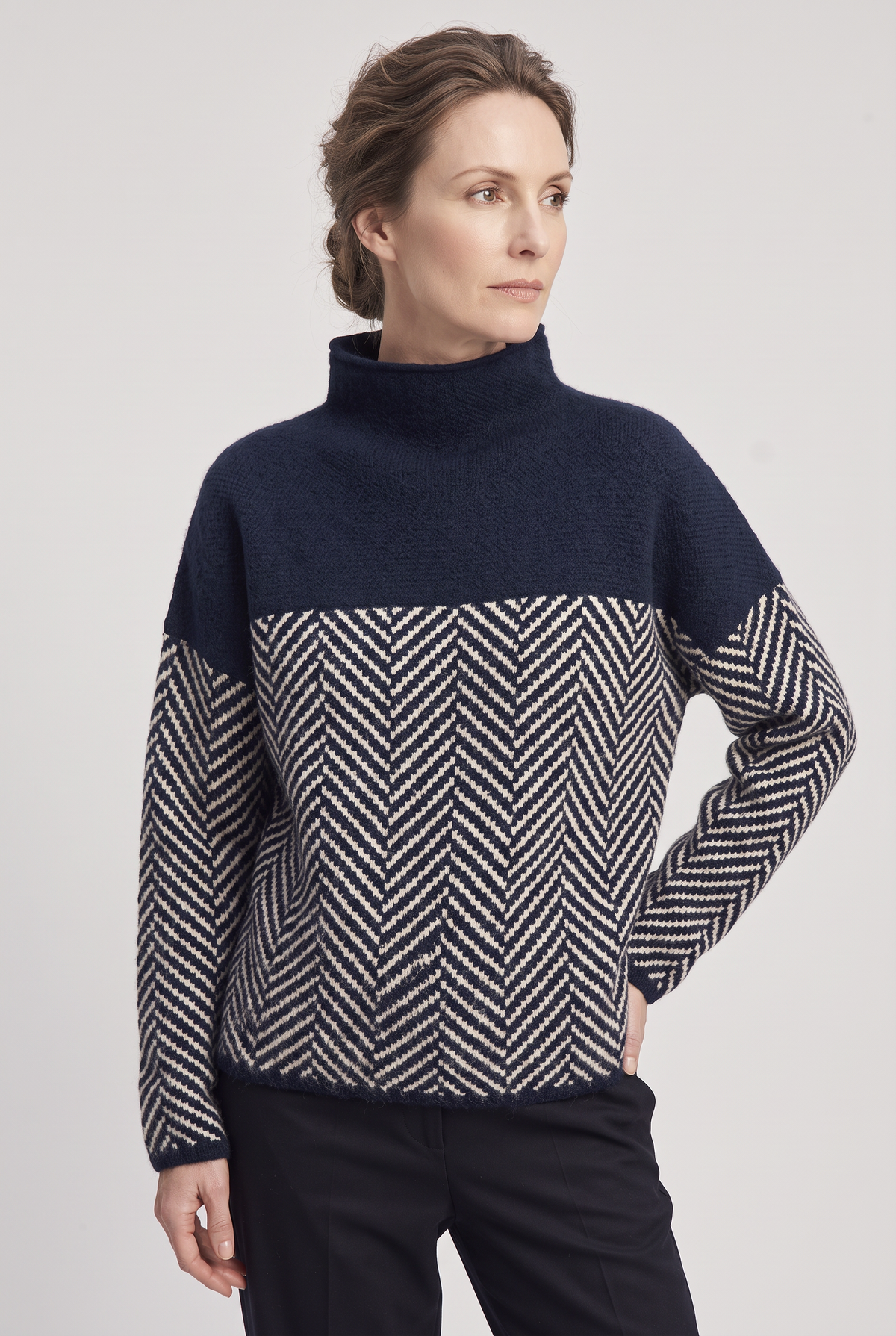 Women's Sweater | Funnel Neck Herringbone Panel - 4