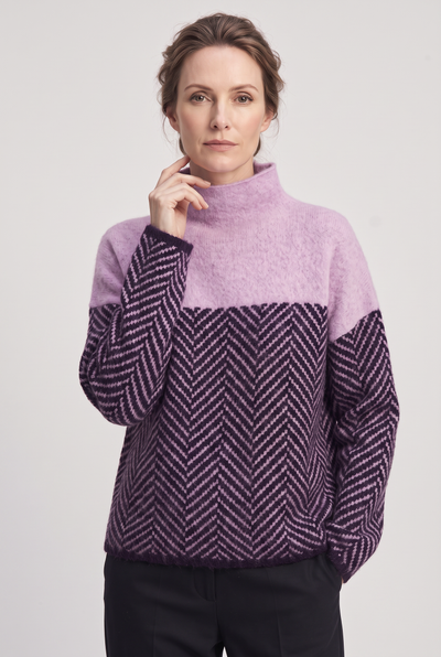 Women's Sweater | Funnel Neck Herringbone Panel - 5