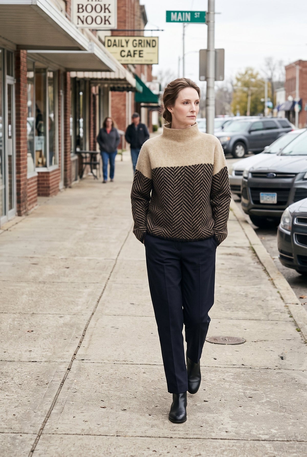 Women's Sweater | Funnel Neck Herringbone Panel - Khaki lifestyle