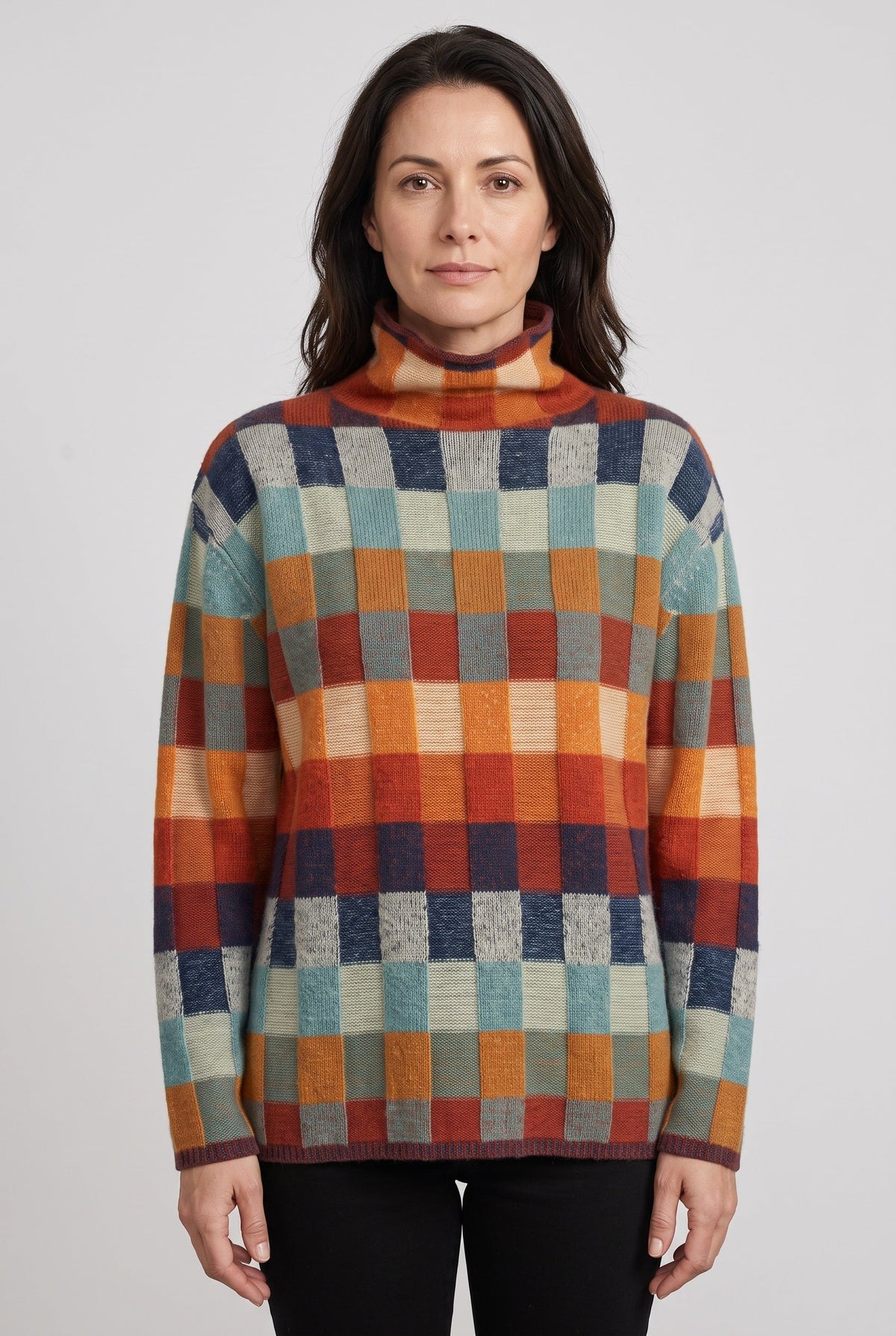 Women's Turtleneck Sweater | Multicolor Check Pattern - 1