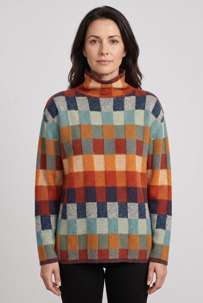 Women's Turtleneck Sweater | Multicolor Check Pattern - 1