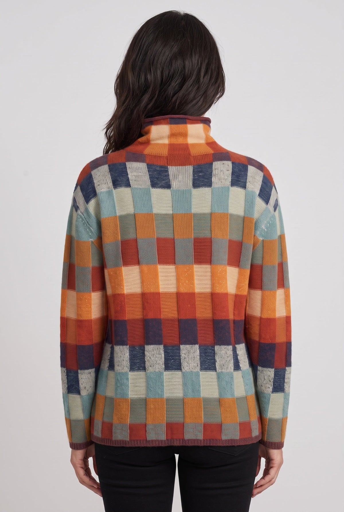 Women's Turtleneck Sweater | Multicolor Check Pattern - 2