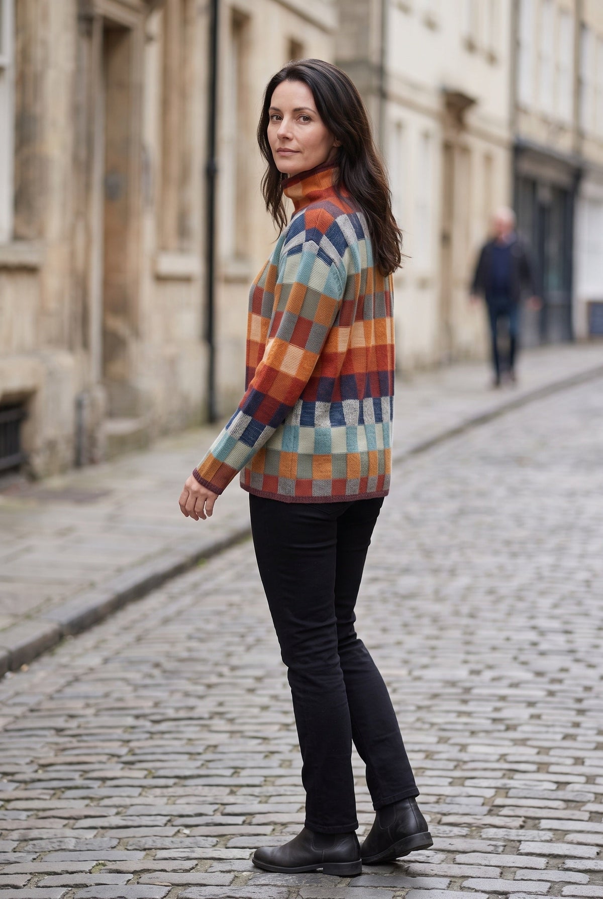 Women's Turtleneck Sweater | Multicolor Check Pattern - 4