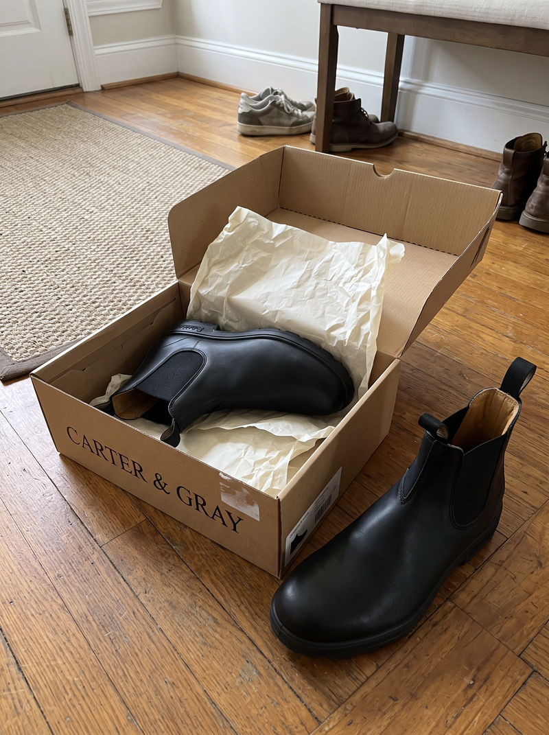 Customer photo of the Carter & Gray Men's Chelsea Boots, Elastic Gore with Pull Loop