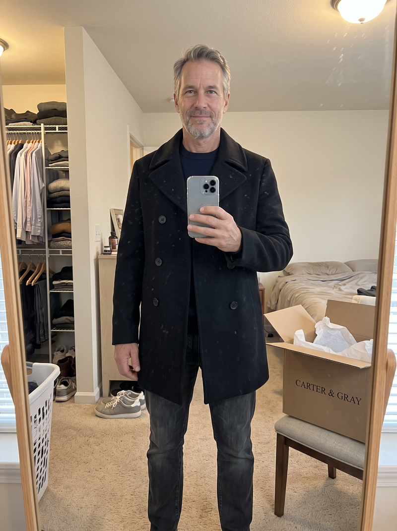 Customer photo of the Carter & Gray Men's Pea Coat, Double Breasted Wide Lapel
