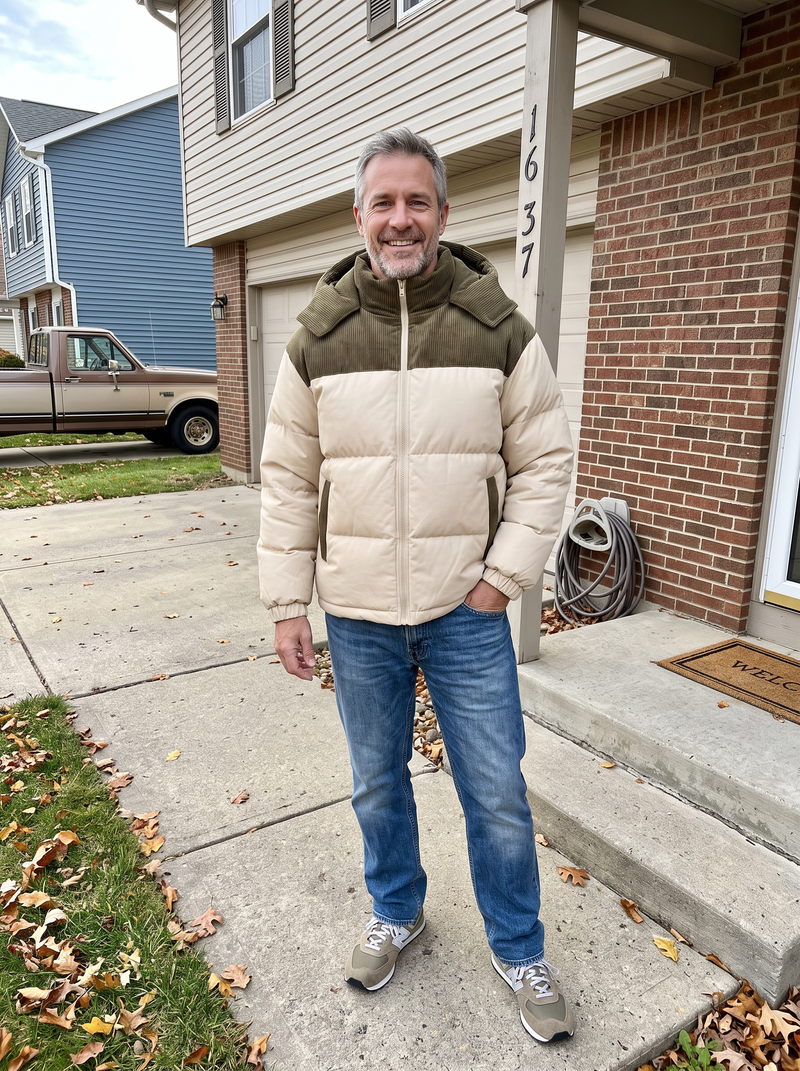 Customer photo of the Carter & Gray Men's Puffer Jacket, Hooded Two-Tone Ribbed Yoke