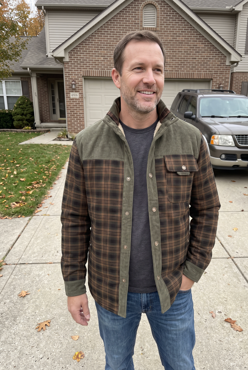 Customer photo of the Carter & Gray Men's Sherpa Jacket, Plaid with Corduroy Collar