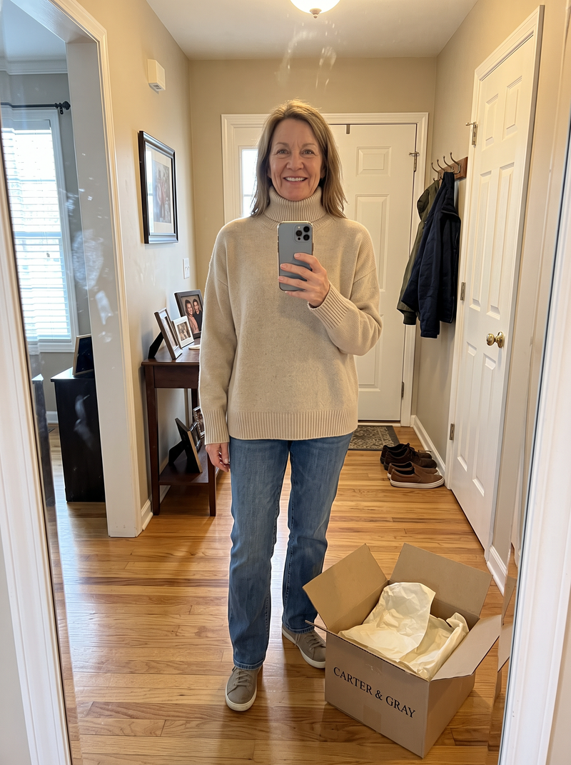 Customer photo of the Carter & Gray Women's Oversized Sweater, Turtleneck Ribbed Trims