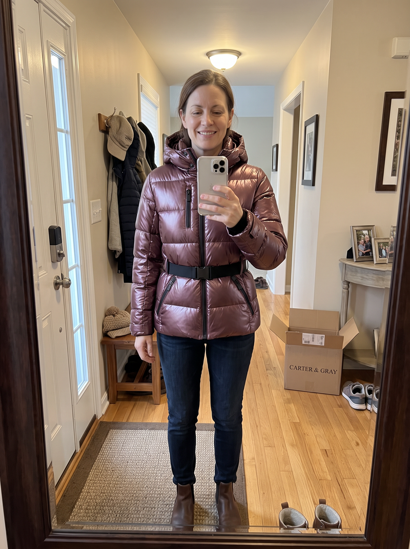 Customer photo of the Carter & Gray Women's Puffer Jacket, Belted Waist Hooded